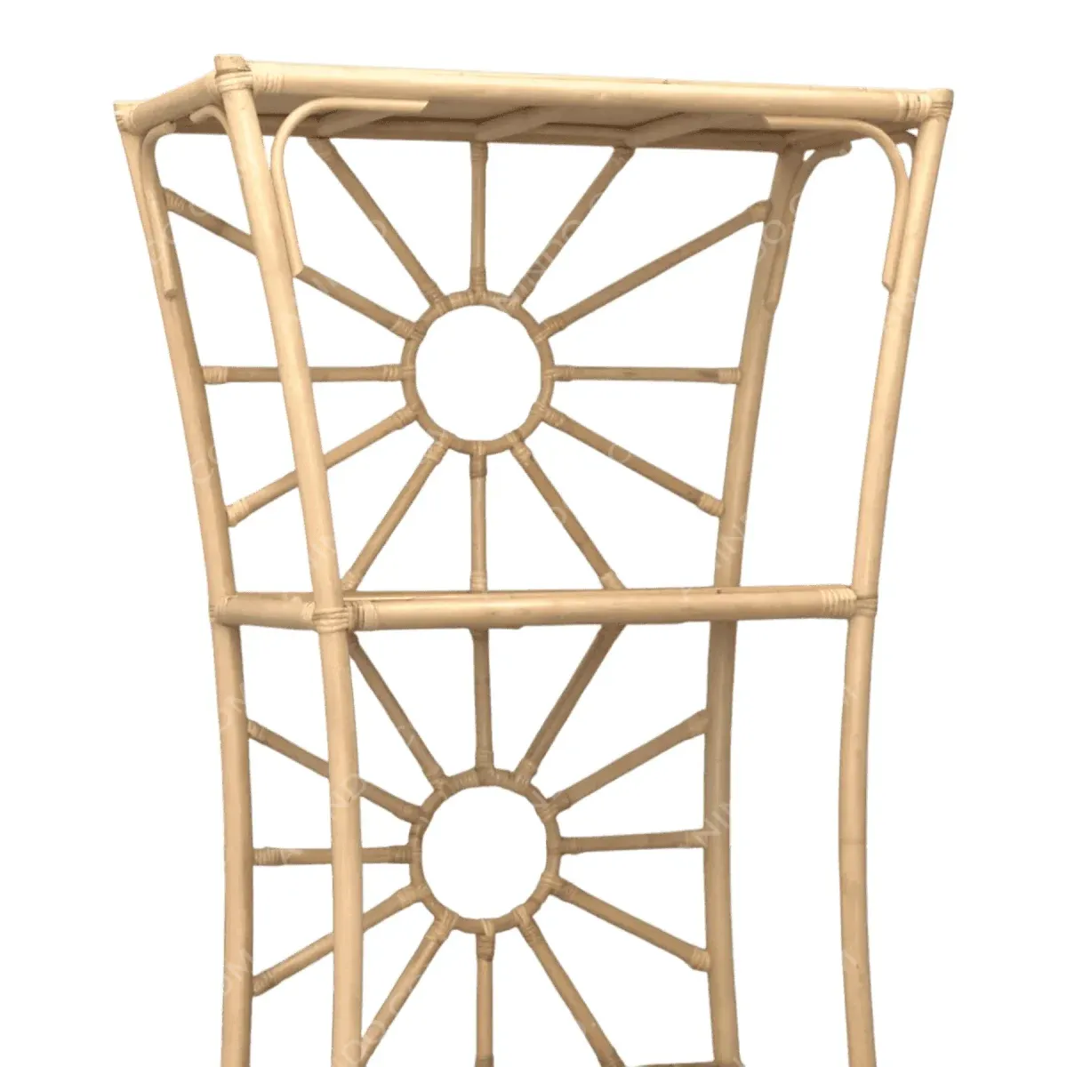 Stylish bamboo shelf with circular design elements.