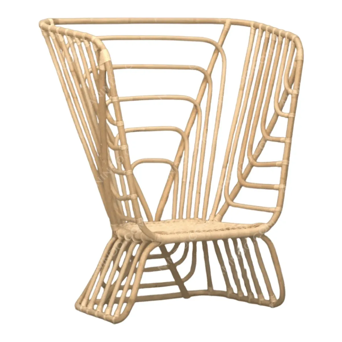 Modern rattan chair with unique curved design.
