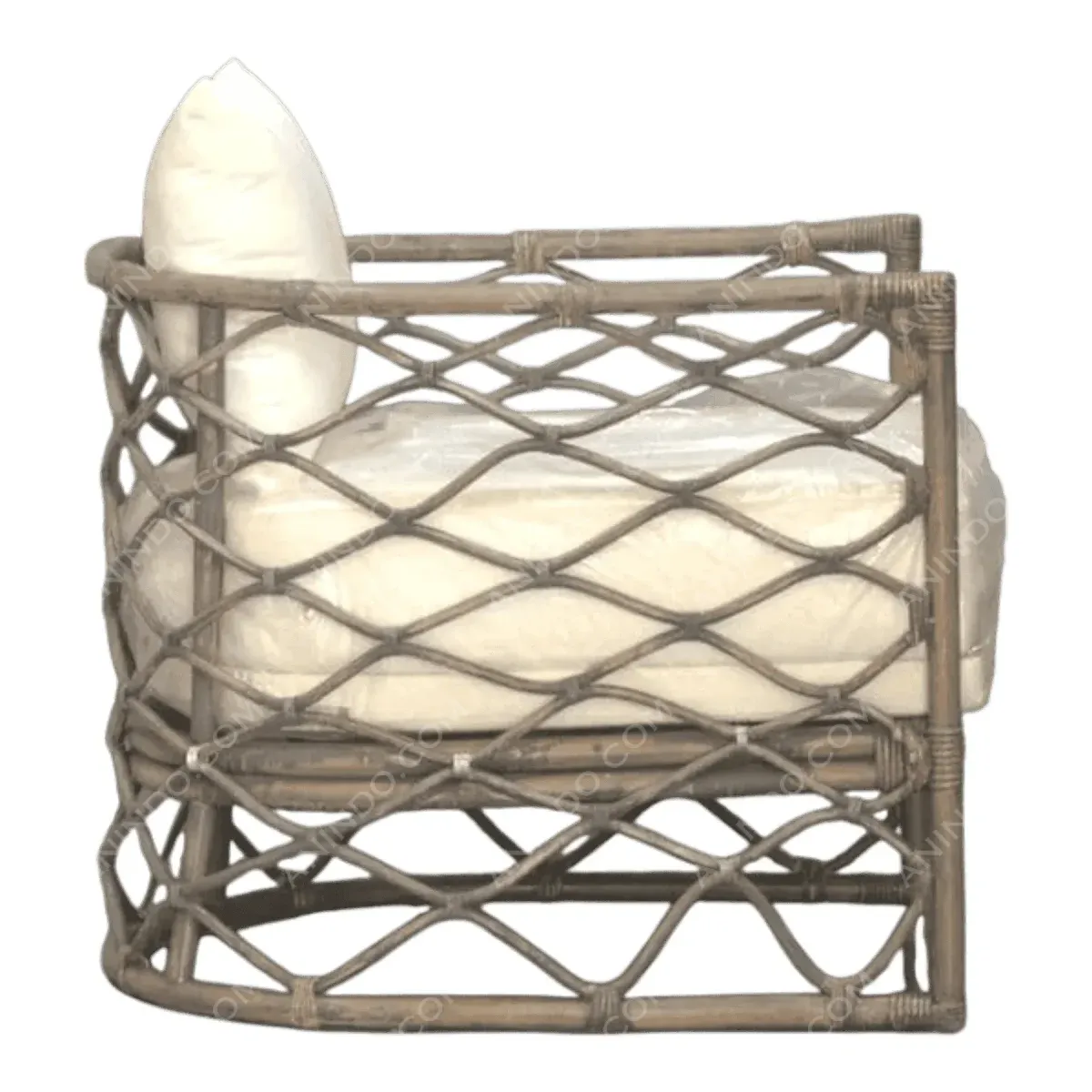 Stylish woven chair with cream cushion.