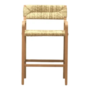 Wooden bar stool with woven seat and backrest.