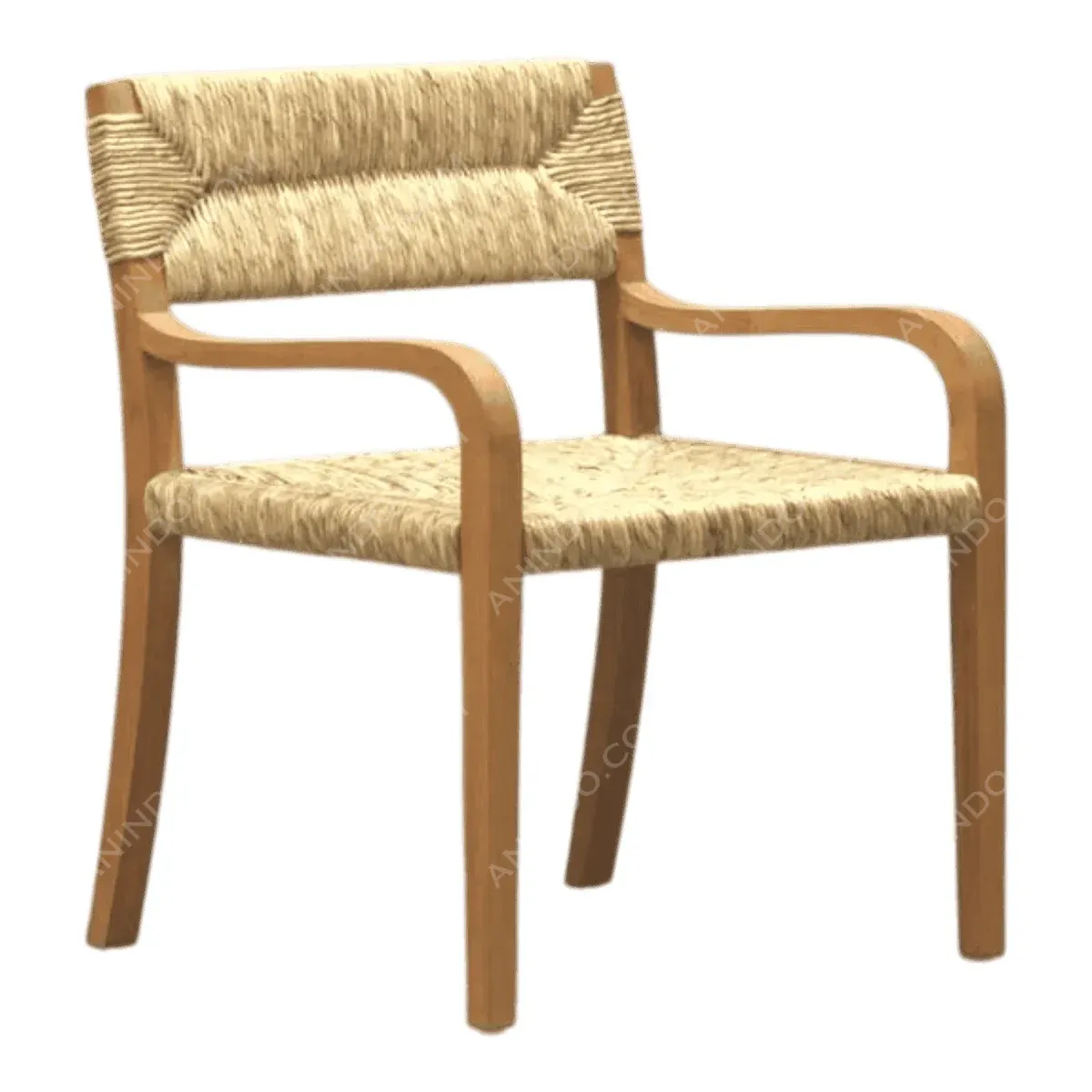 Stylish wooden chair with woven seat and back.