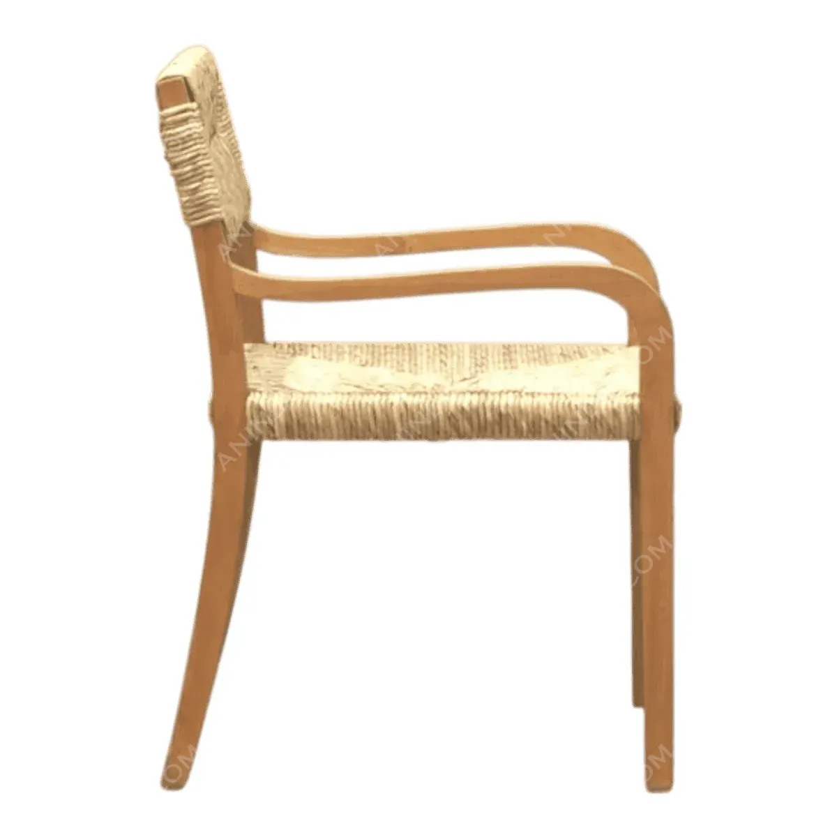 Wooden chair with woven seat, side view.