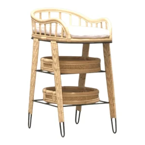 Vintage two-tiered rattan storage stand with cushions.
