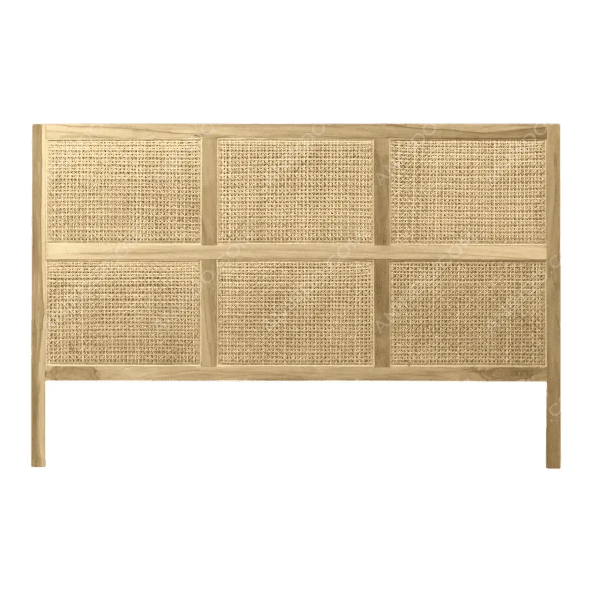 Wooden headboard with woven rattan design.