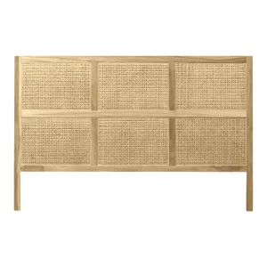 Wooden headboard with woven rattan design.