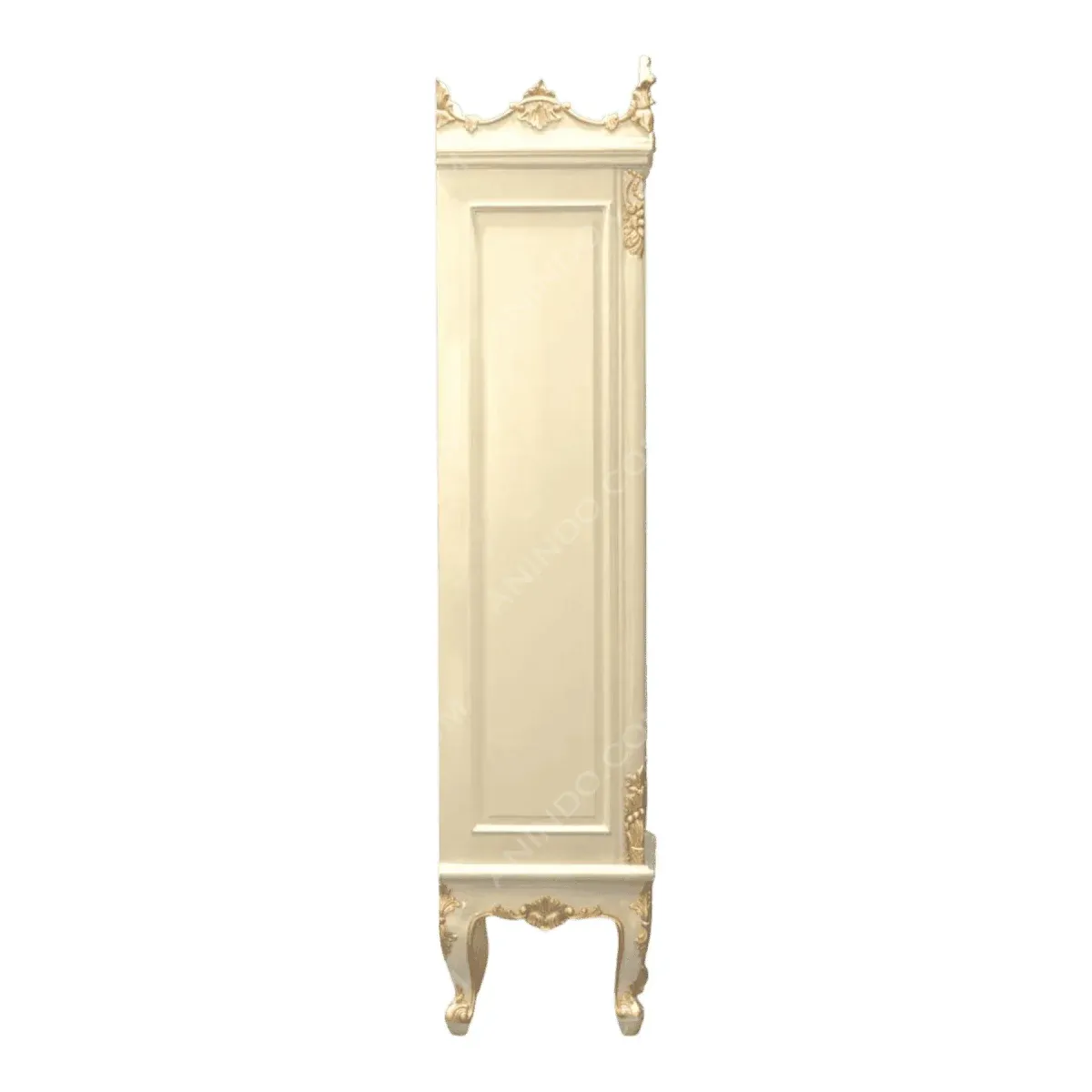 Elegant cream-colored tall cabinet with ornate details.