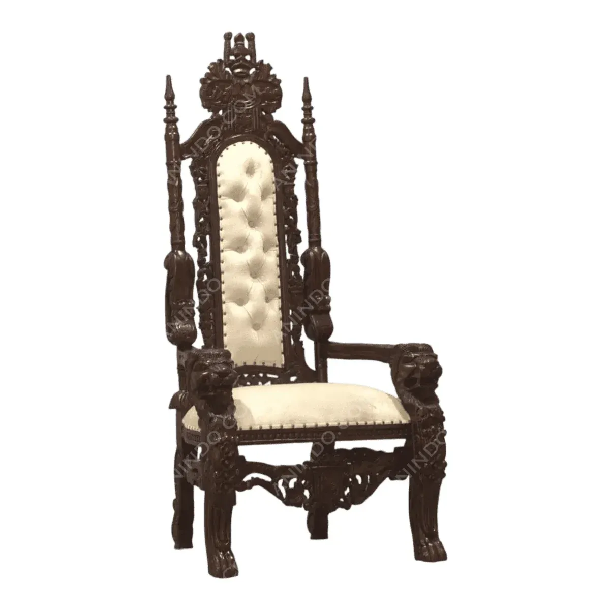 Ornate wooden throne with lion carvings.