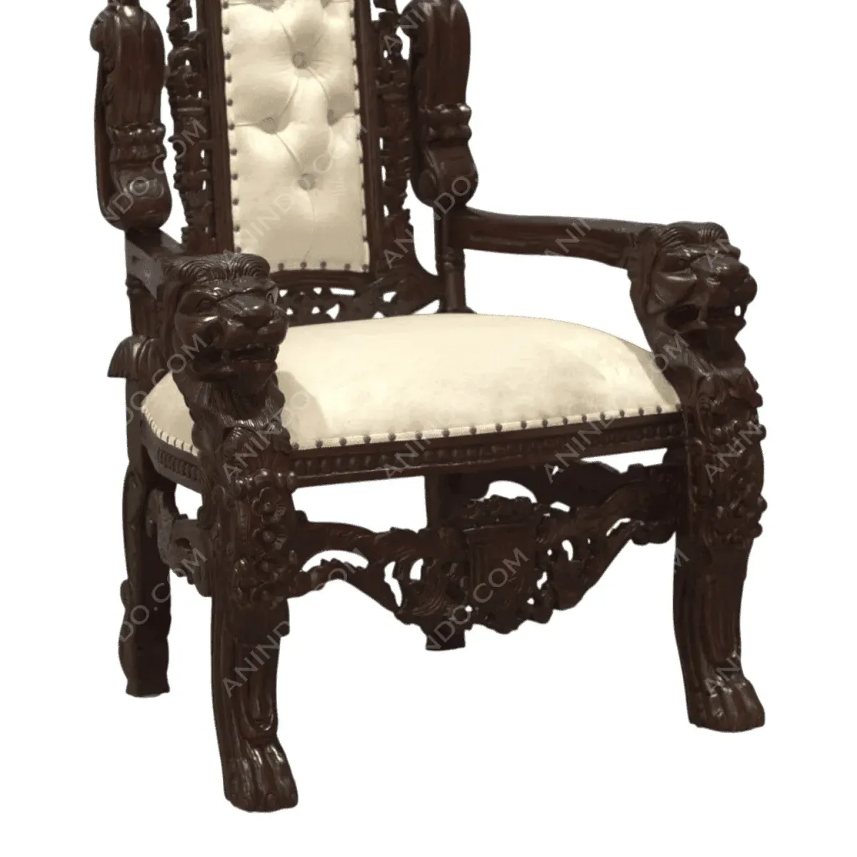 Ornate wooden chair with lion carvings.