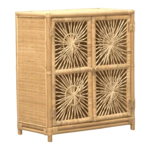 Rattan storage cabinet with decorative woven design.
