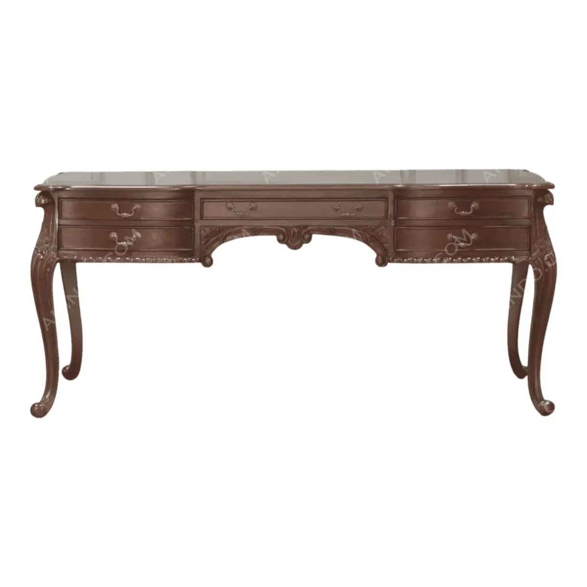 Elegant wooden desk with curved legs and drawers.