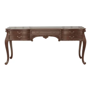 Elegant wooden desk with curved legs and drawers.