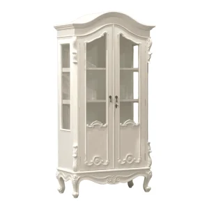 Elegant white glass cabinet with decorative detailing.