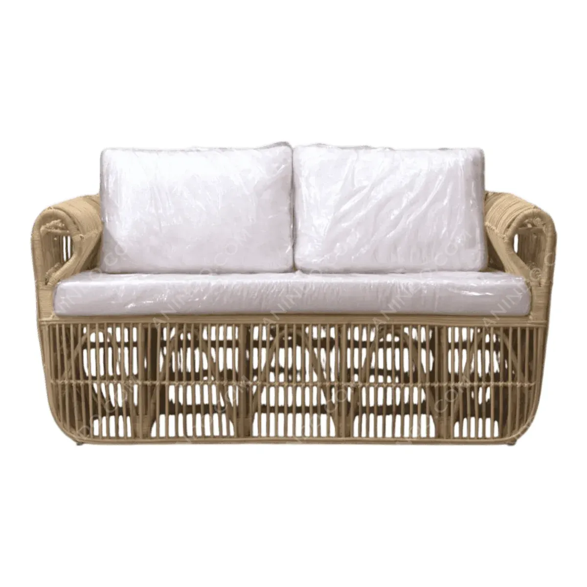 Stylish wicker loveseat with white cushions