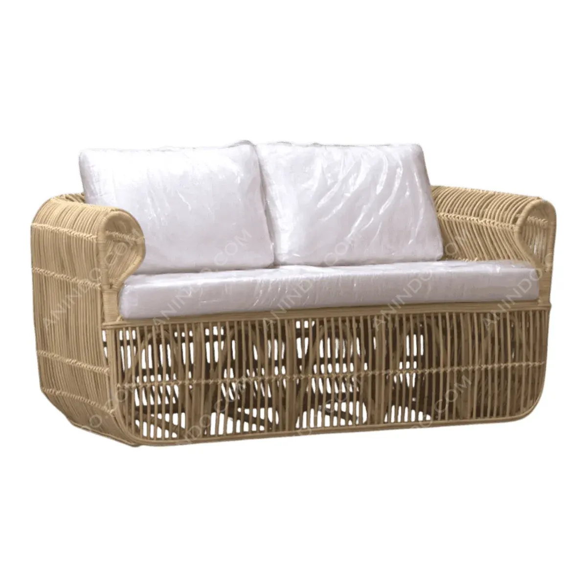 Elegant woven sofa with plush white cushions.