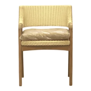 Stylish wicker chair with beige cushion