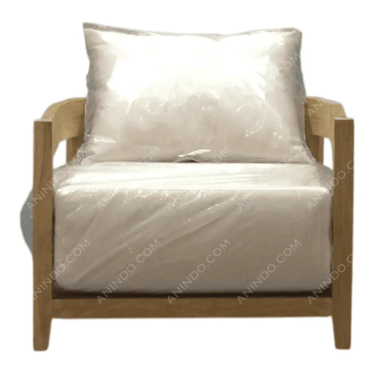 Modern wooden armchair with white cushions