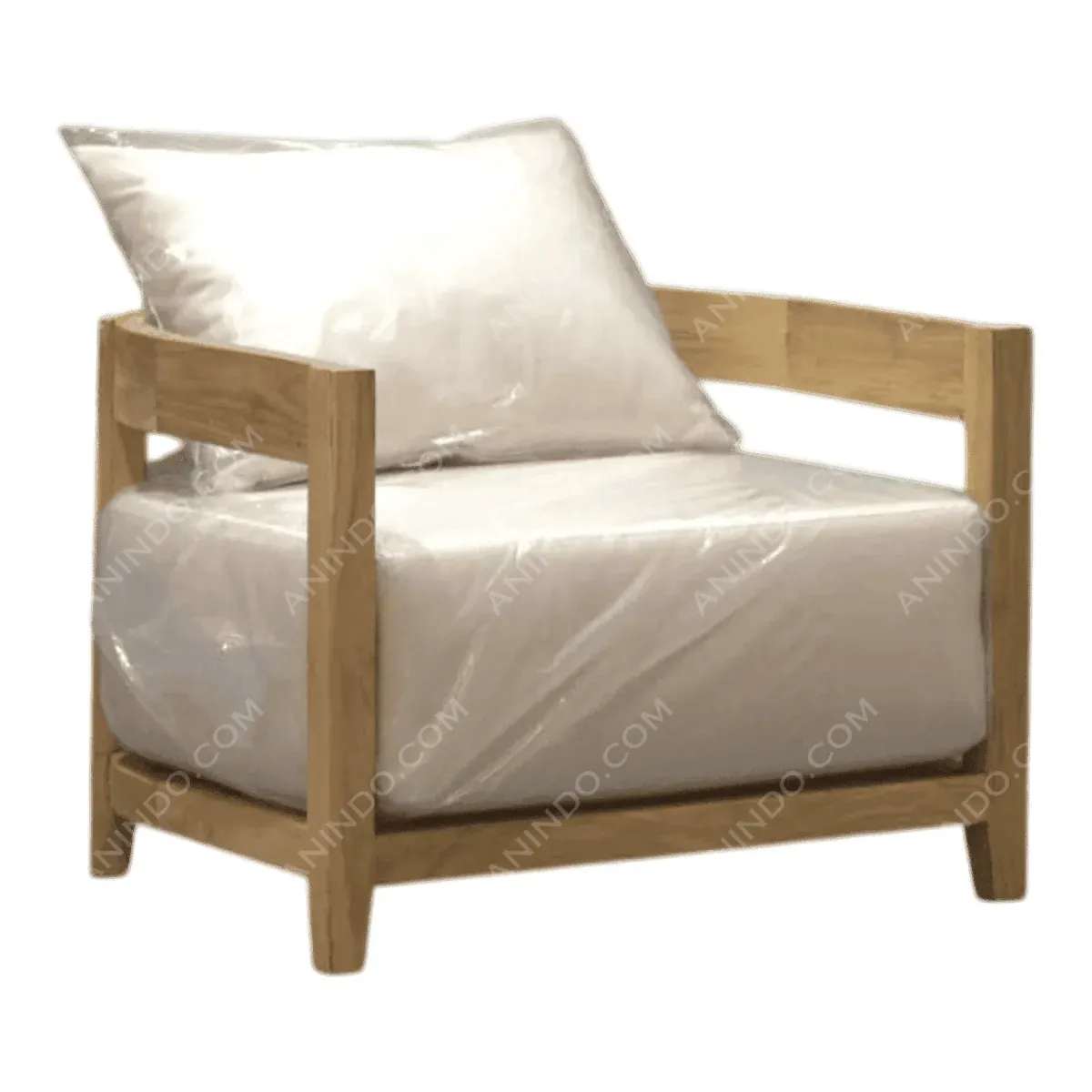 Wooden armchair with white cushion and pillow