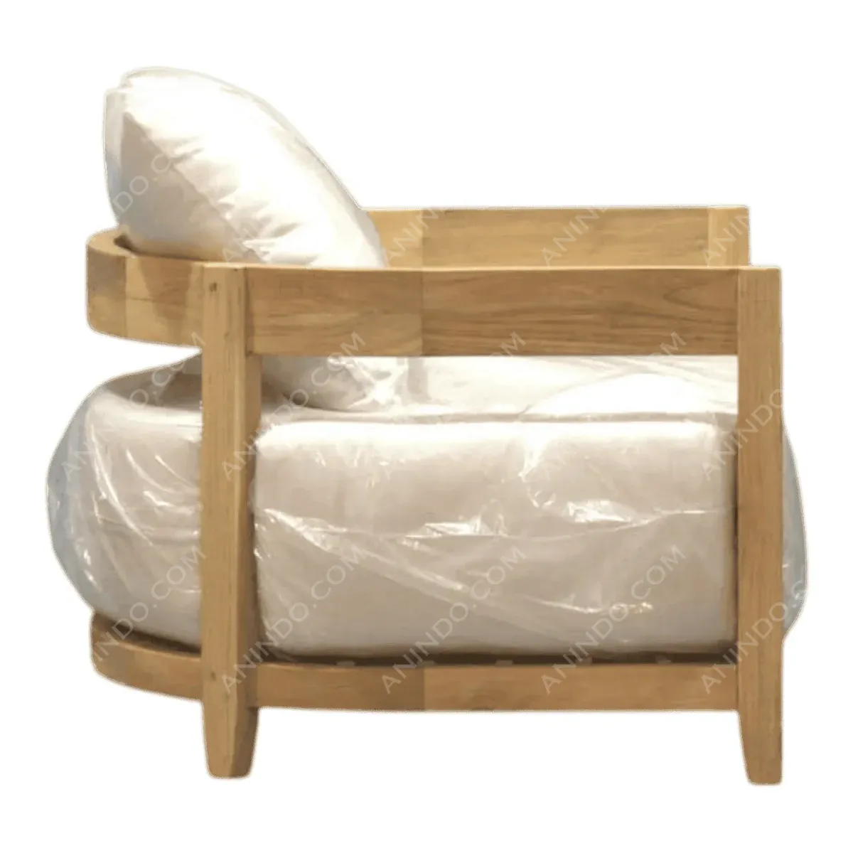 Modern wooden armchair with white cushions