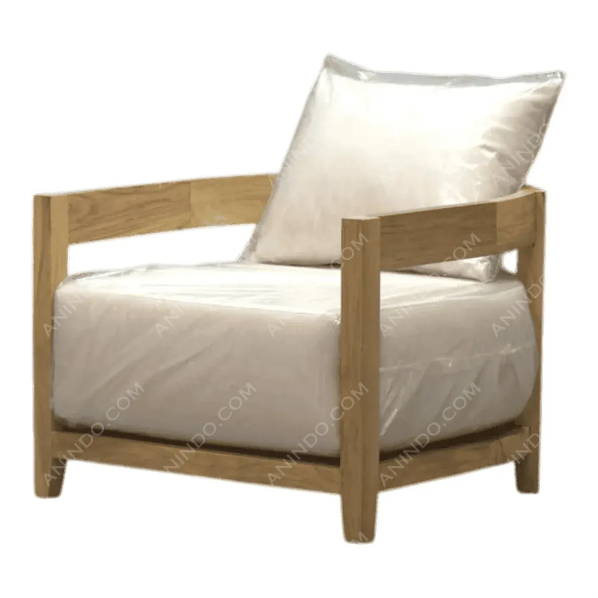 Modern wooden armchair with white cushion