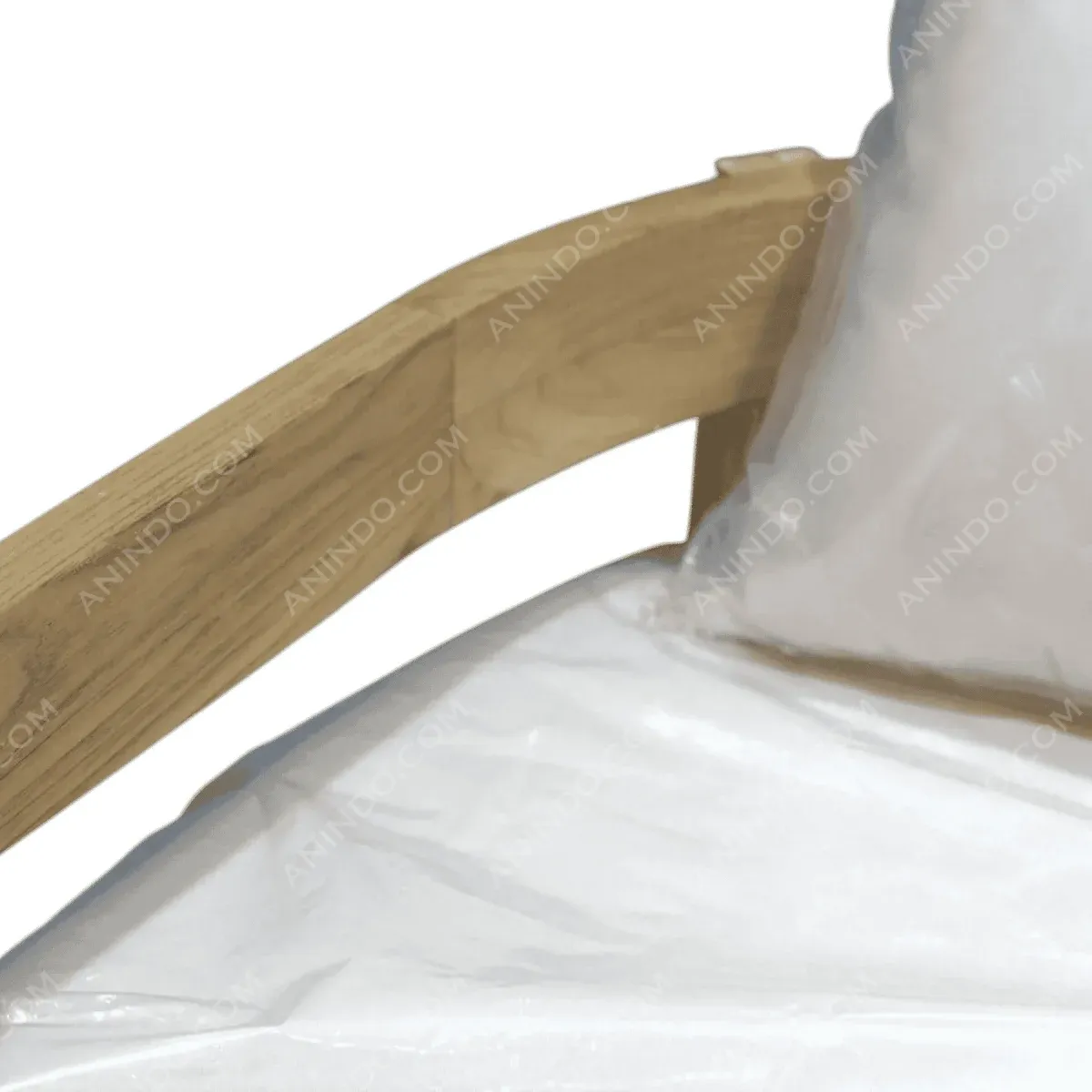 Wooden bed frame with white bedding