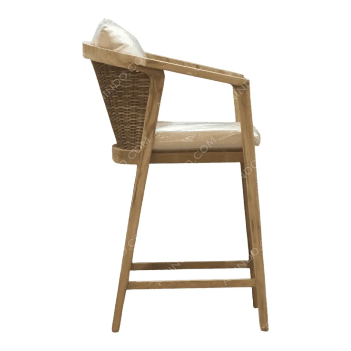 Wooden bar stool with woven backrest and cushion
