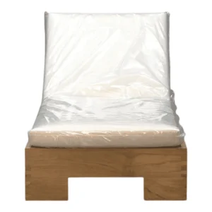 Wooden chair with white cushion wrapped in plastic