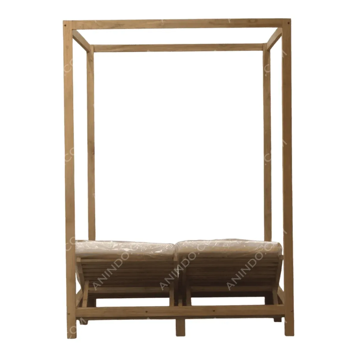 Wooden lounge chair with canopy structure.