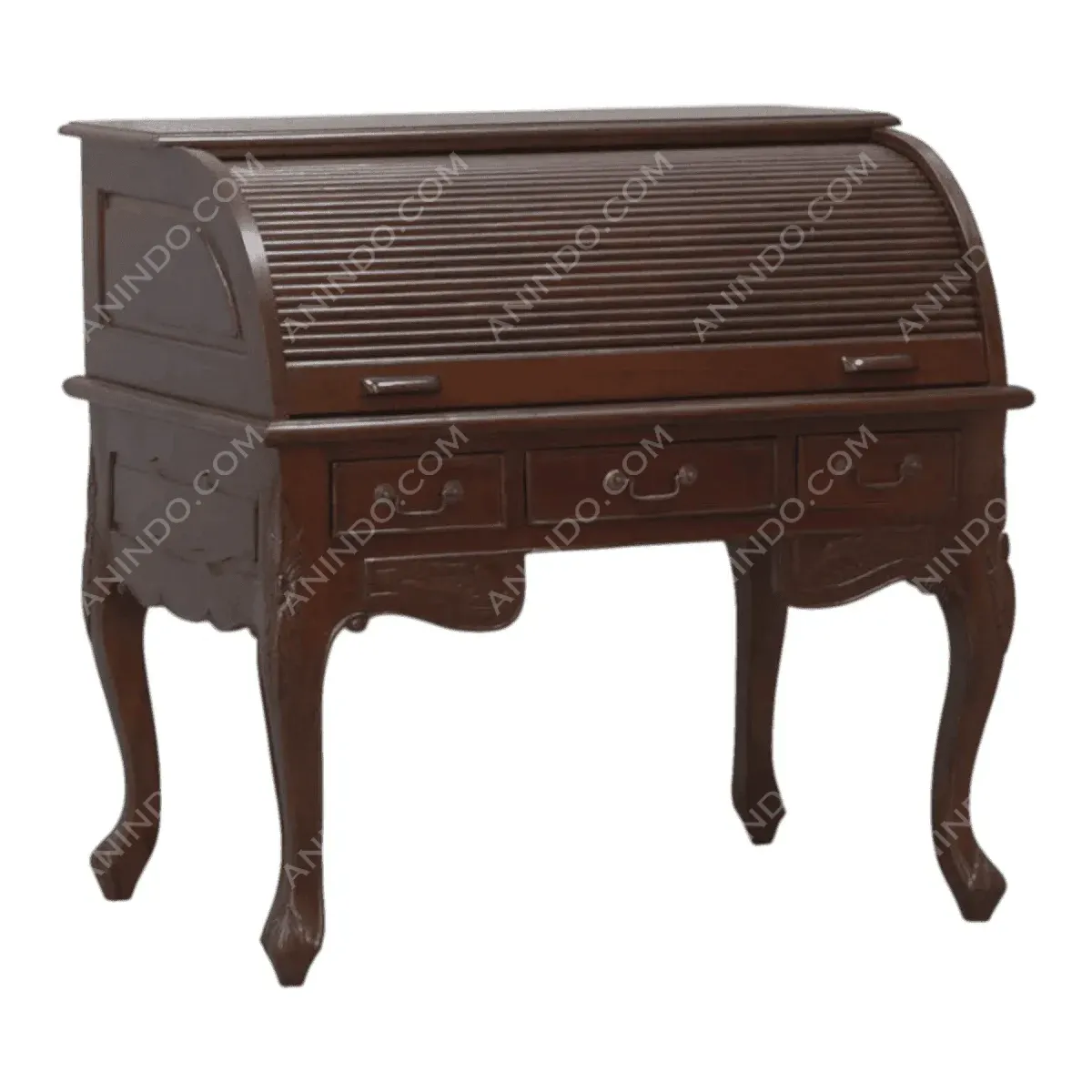 Antique roll-top wooden desk with drawers.