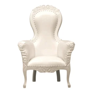 Elegant white upholstered armchair with decorative details