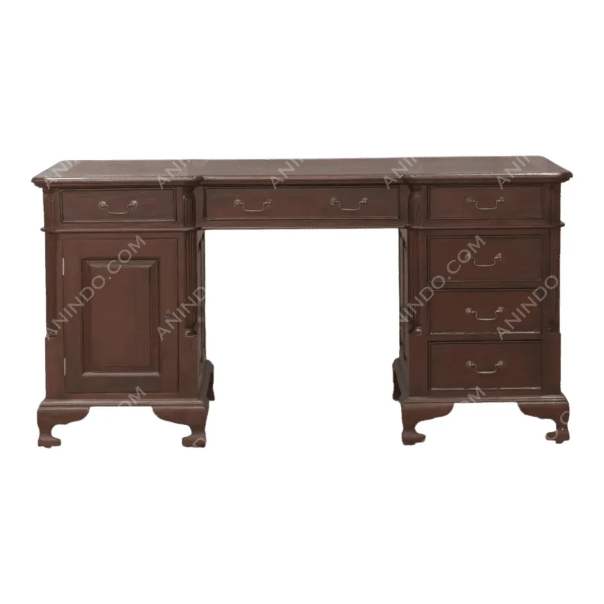 Vintage wooden desk with multiple drawers.