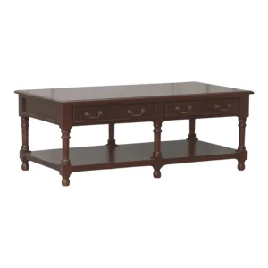 Elegant wooden coffee table with drawers and shelf.