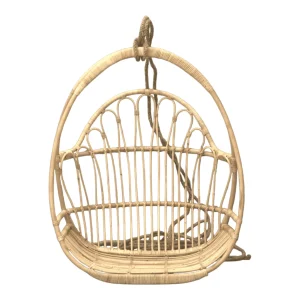 Hanging wicker chair for indoor or outdoor use.