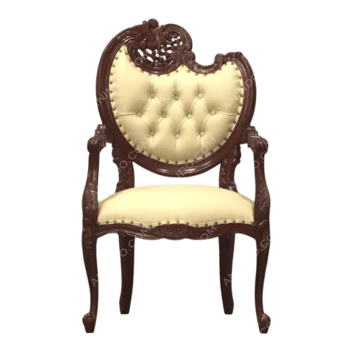 Elegant wooden armchair with cream upholstery.