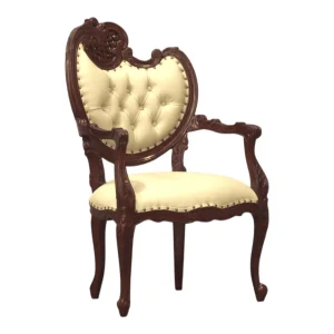 Elegant vintage wooden armchair with cream upholstery.