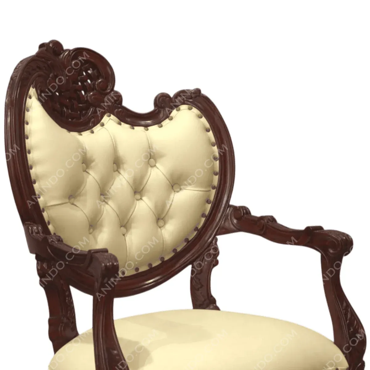 Elegant vintage upholstered chair with intricate woodwork.