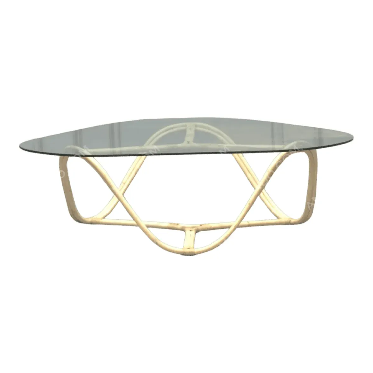 Elegant glass-top coffee table with unique base design.