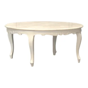Stylish white round coffee table with elegant legs.