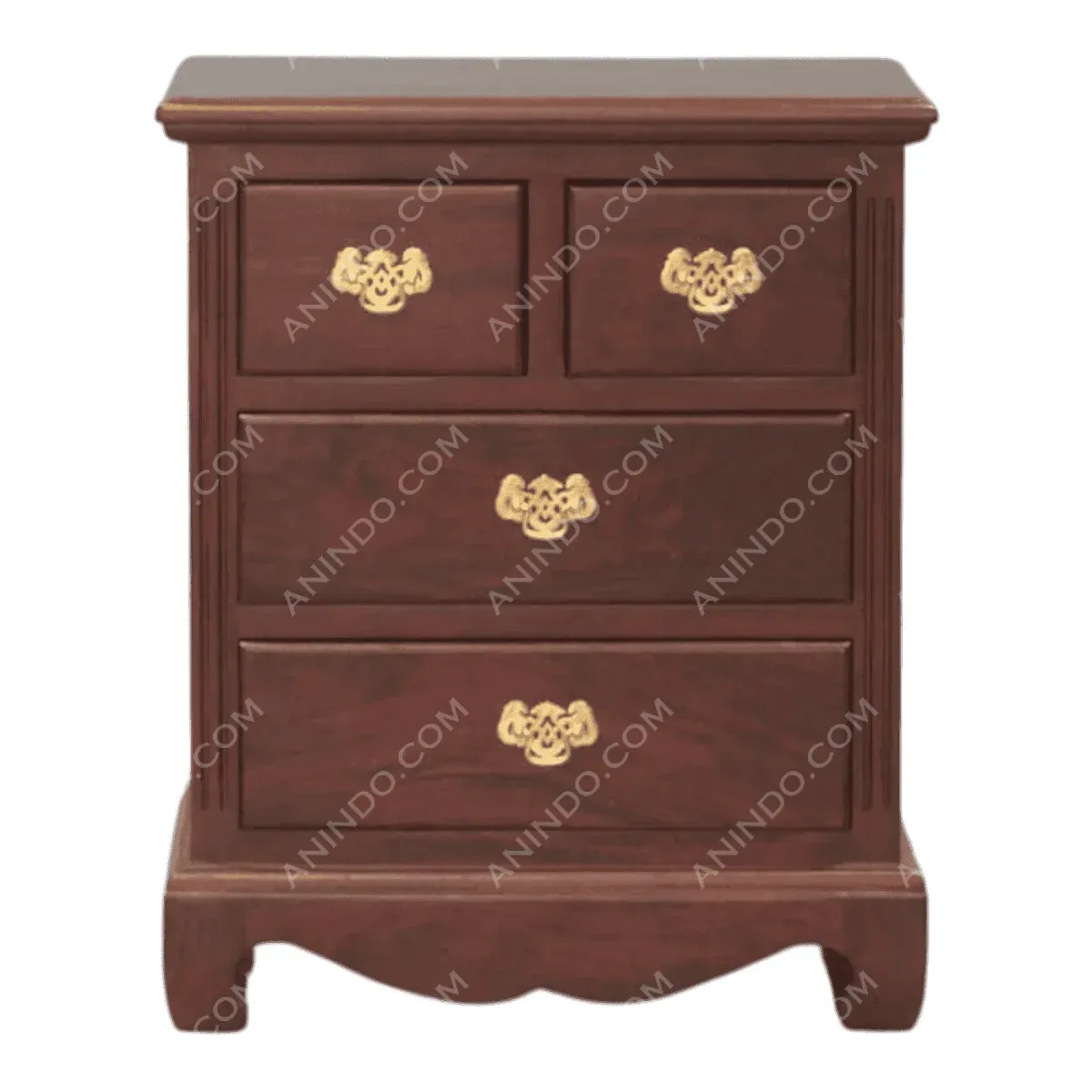 Wooden nightstand with four drawers and gold handles.