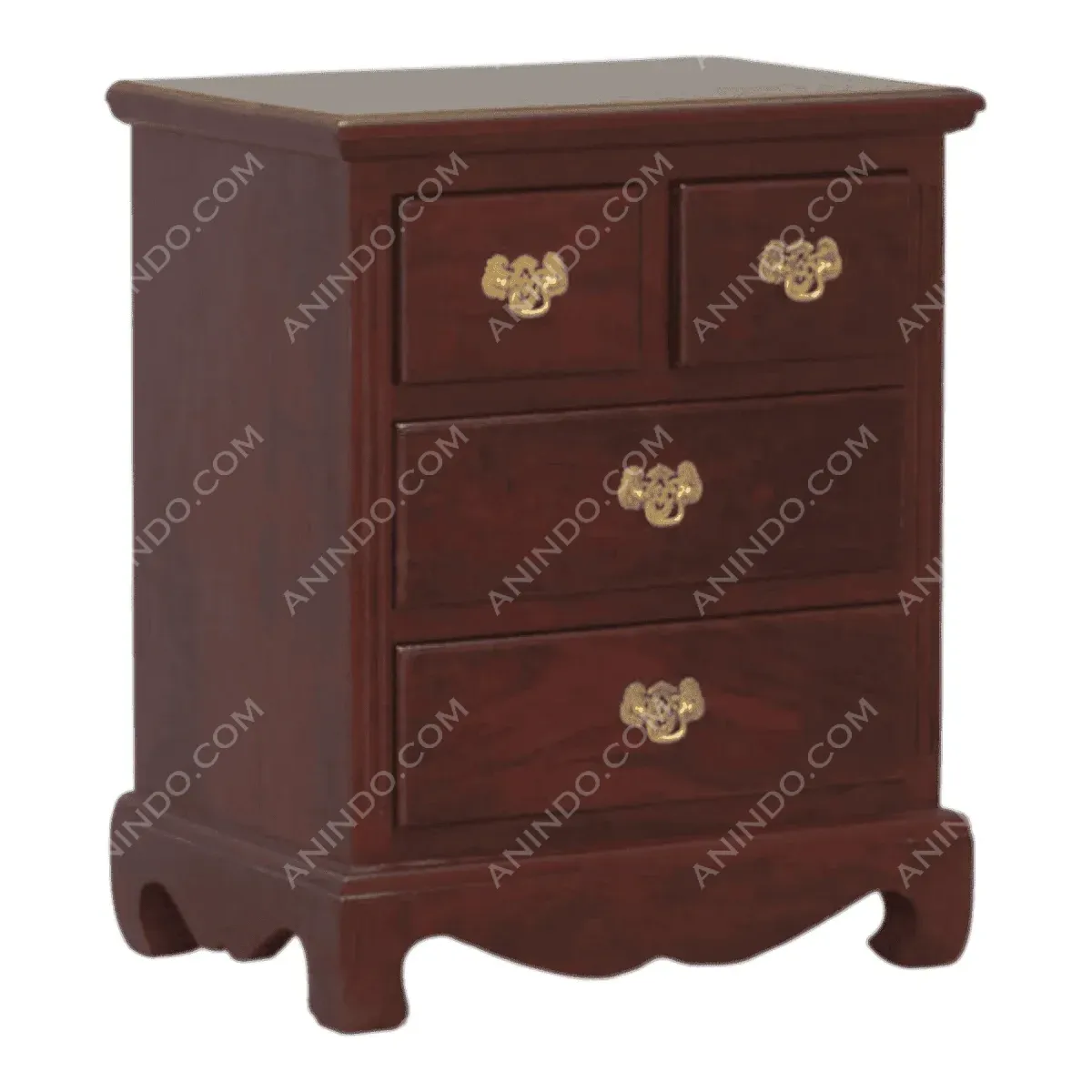 Wooden nightstand with four drawers and gold handles.