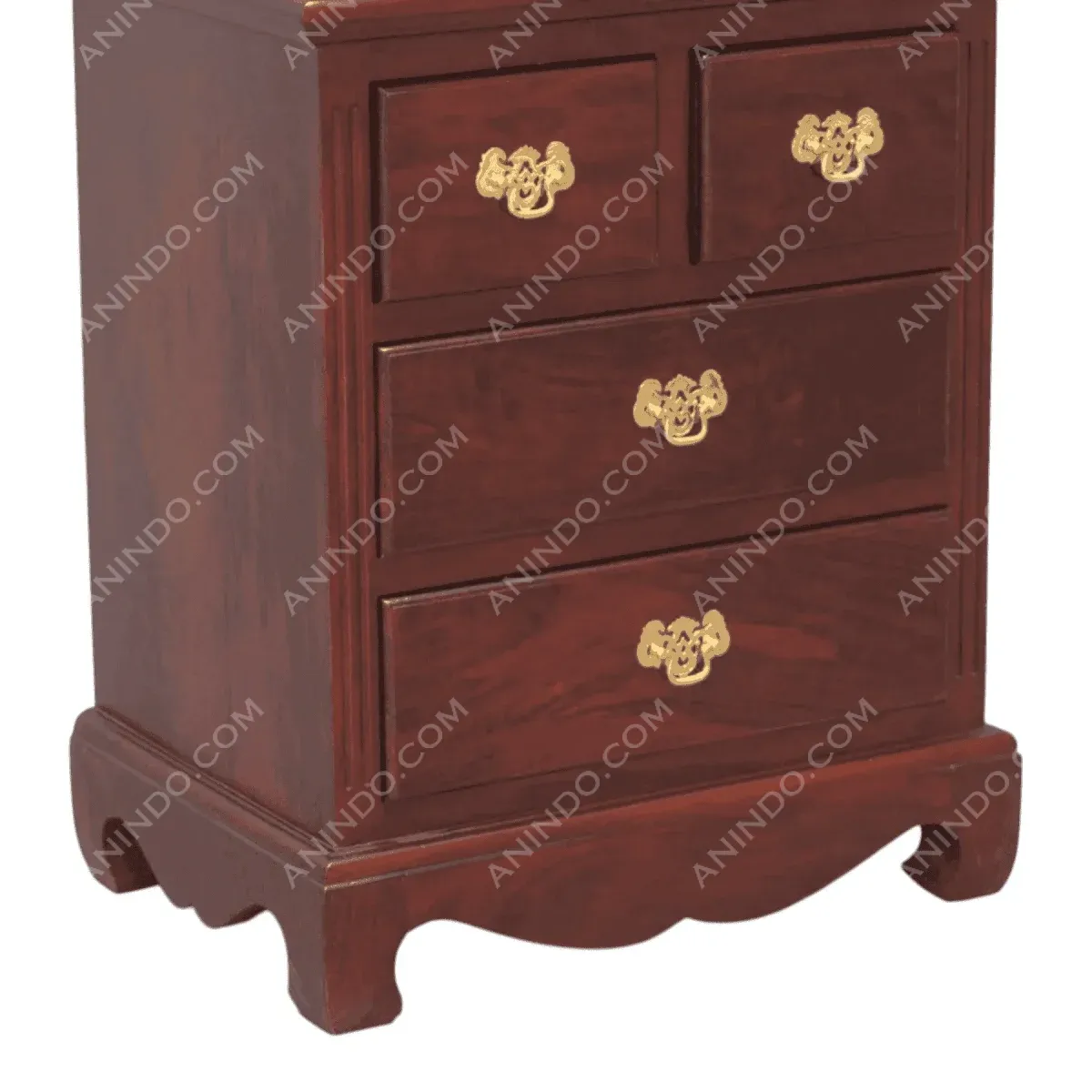 Wooden nightstand with four drawers and gold hardware.