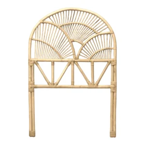 Decorative rattan headboard with geometric design.