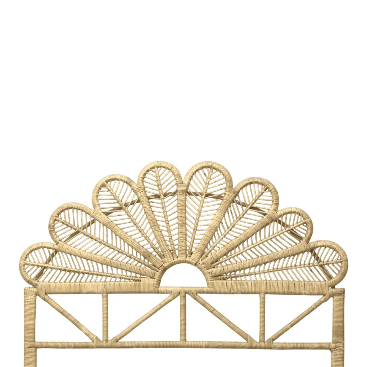 Woven rattan headboard with a fan design.