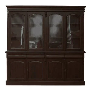 Elegant dark wood display cabinet with glass doors.