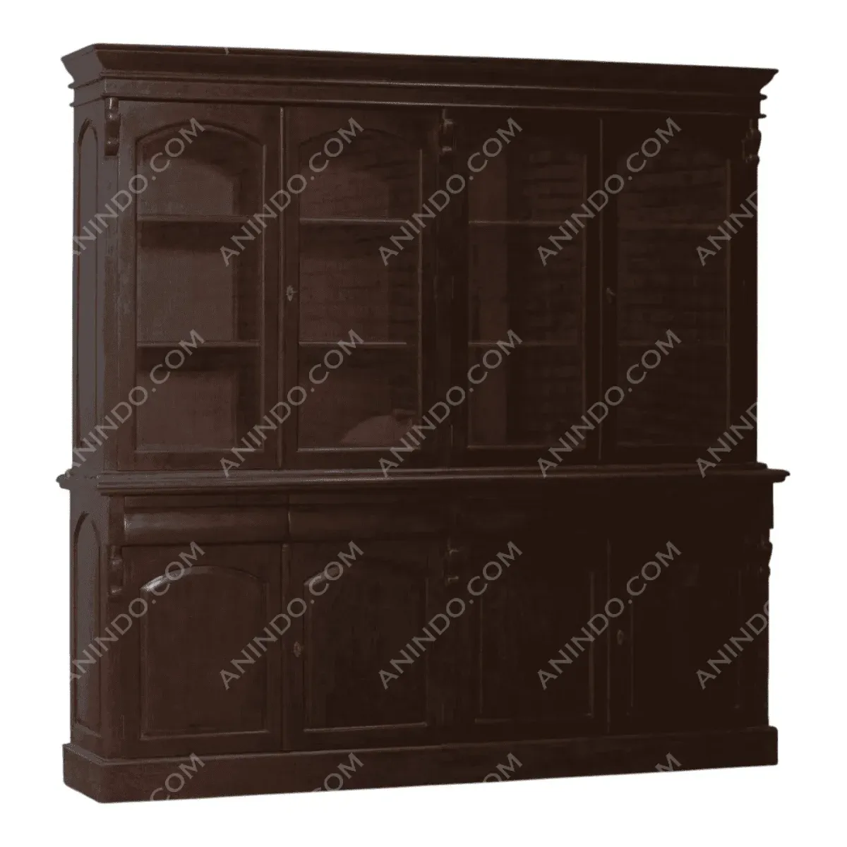 Dark wooden cabinet with glass doors and shelves.