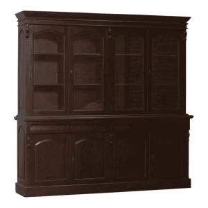 Dark wooden cabinet with glass doors and shelves.