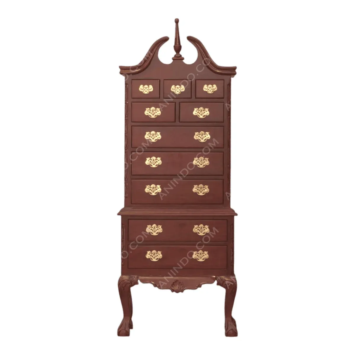 Tall wooden cabinet with ornate gold handles.