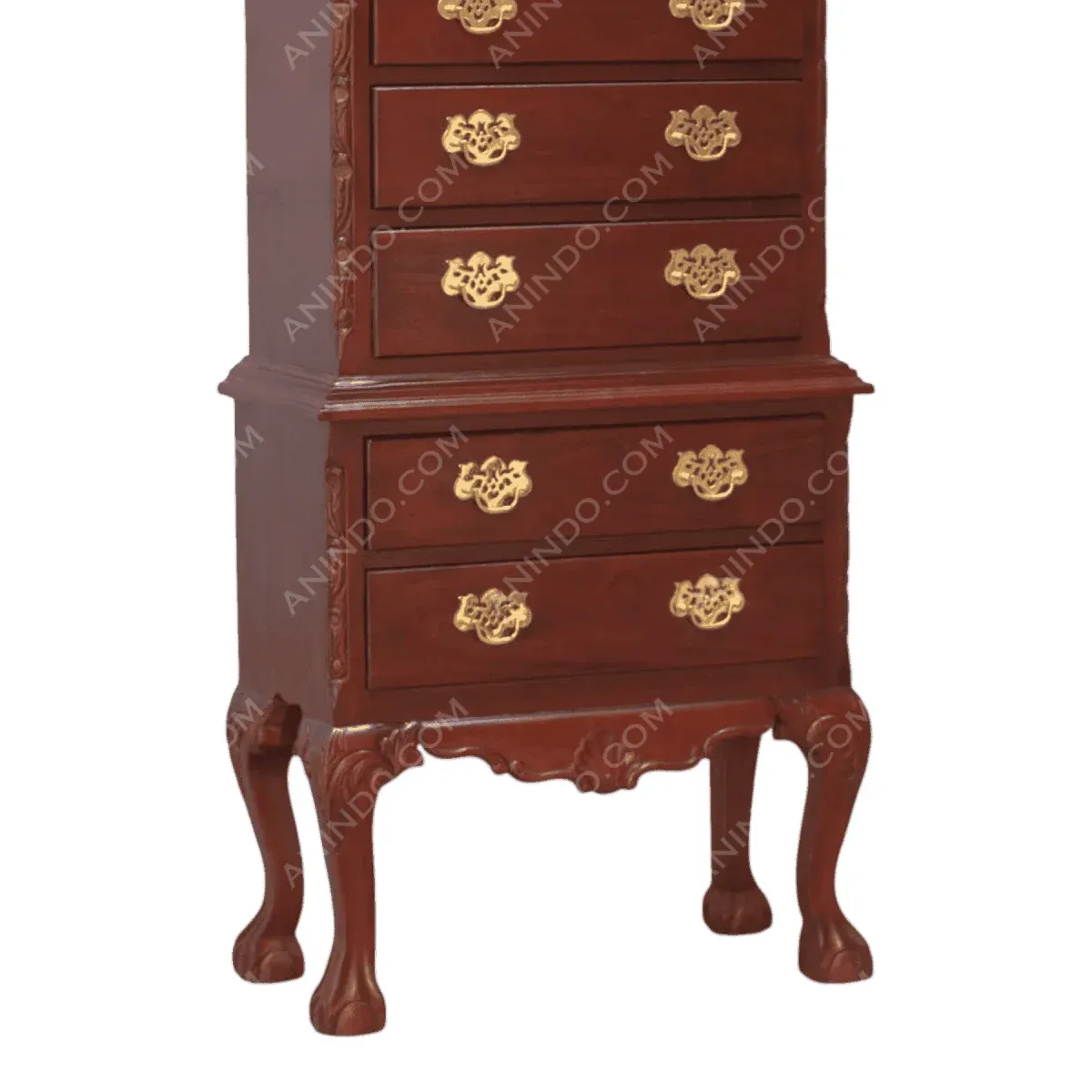 Tall wooden dresser with decorative drawers.
