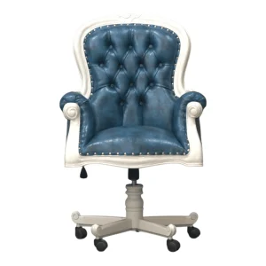 Blue tufted swivel office chair with white trim