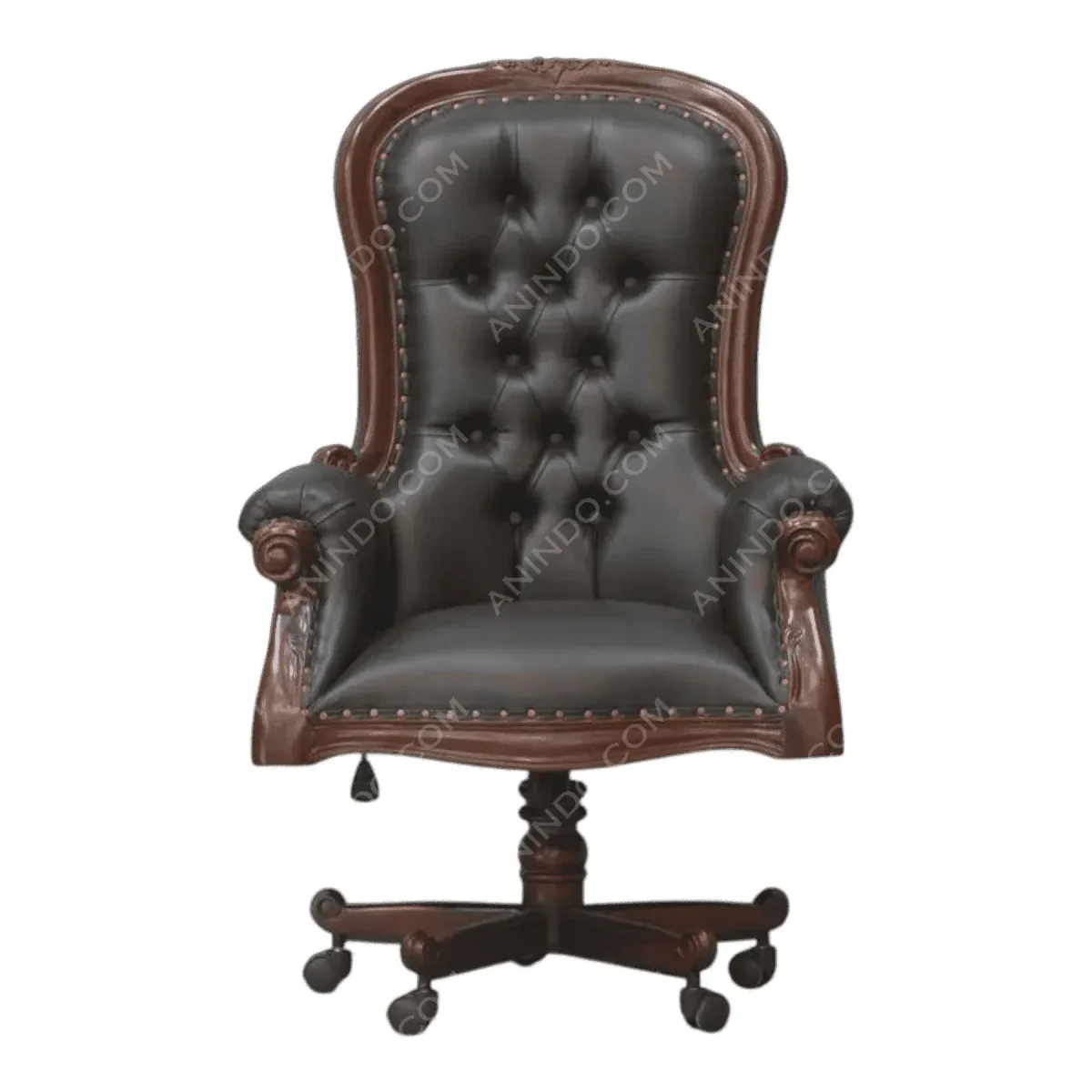 Elegant black leather swivel chair with wooden accents.