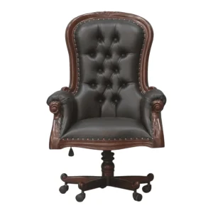 Elegant black leather swivel chair with wooden accents.